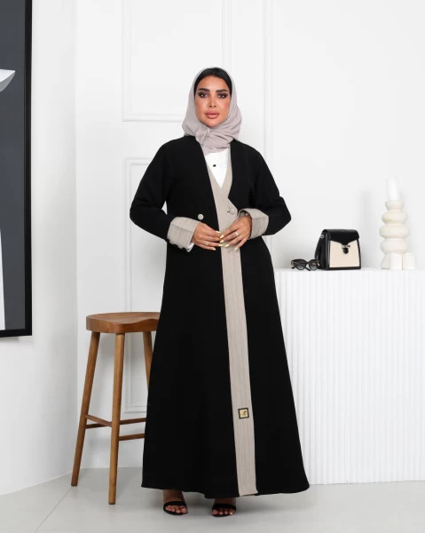 Black Crepe Abaya with Striped Beige IB211